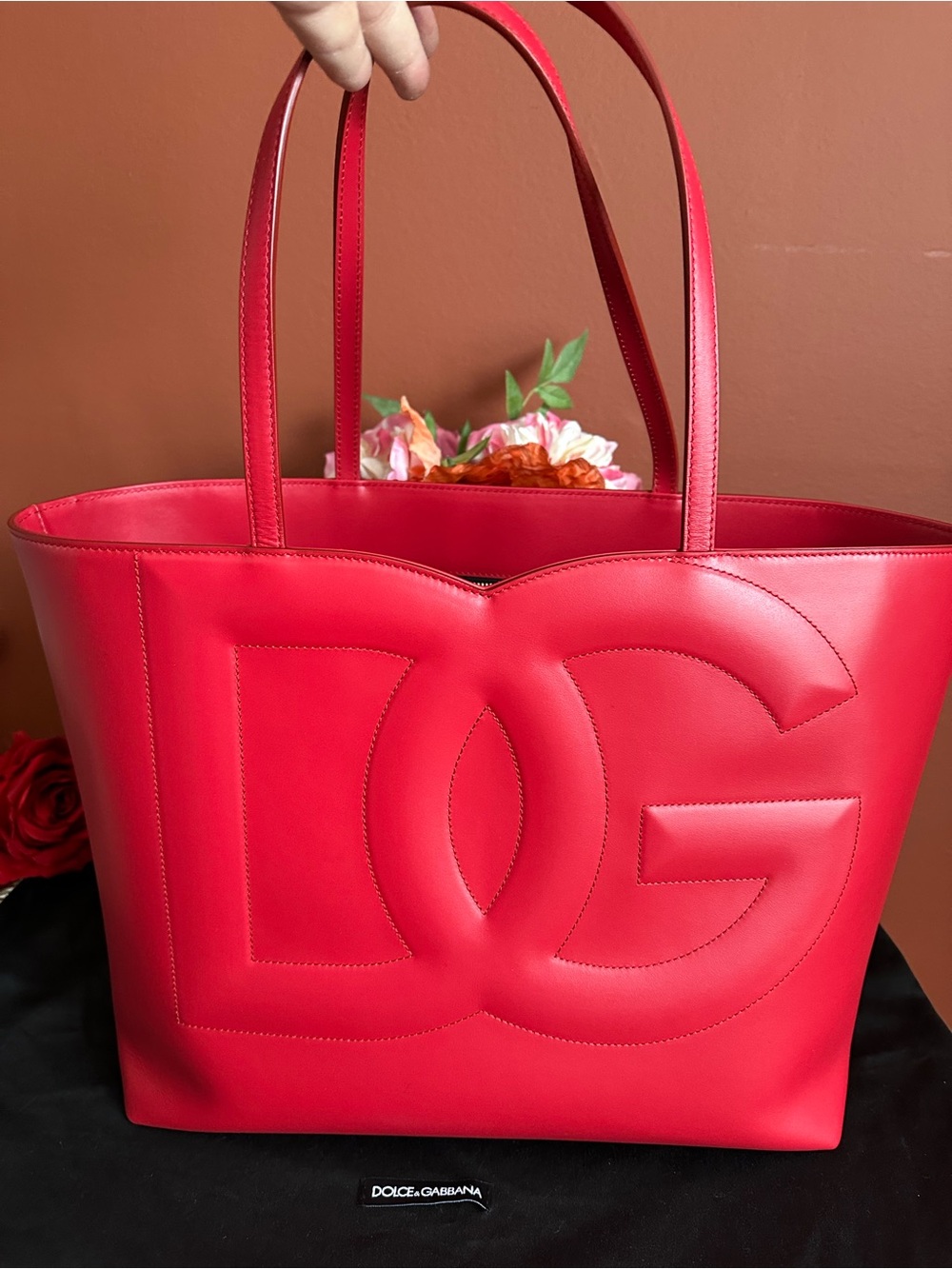 Authentic Dolce & Gabbana Bold Red Embossed Logo Leather big shopping Tote